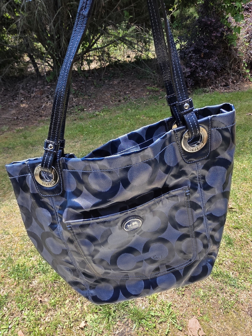 Coach Navy and Black Signature Circle Nylon Tote with Patent Handles